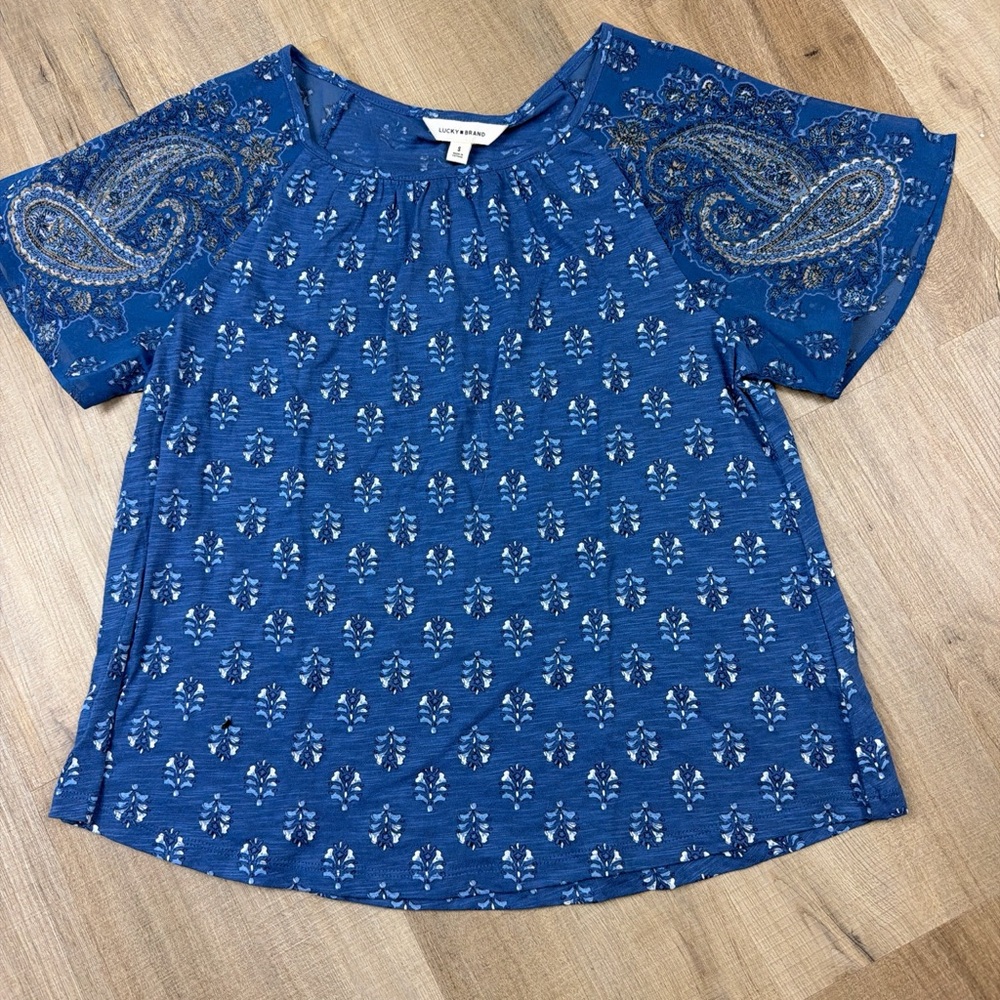 Lucky Brand NWT Blue Paisley Flutter Sleeve Top Womens Small Boho Peasant